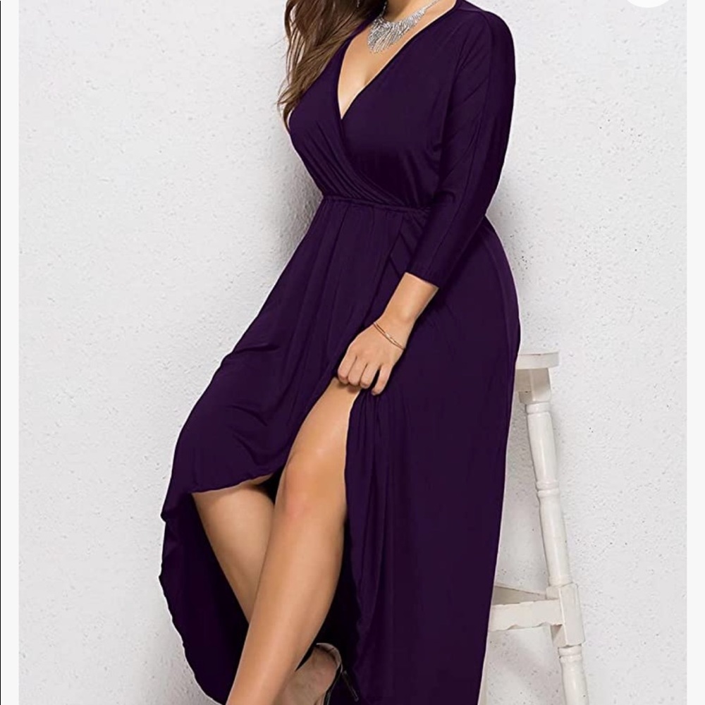 Plus Size 3/4 Long Sleeve Maxi Dress Elastic Empire Waist Split Party Dresses